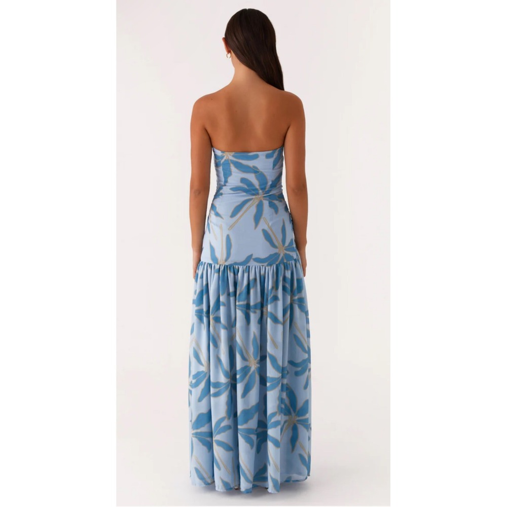 Peppermayo Eden Strapless Maxi Dress Blue Floral Palm Print High Slit NWT - Picture 2 of 6